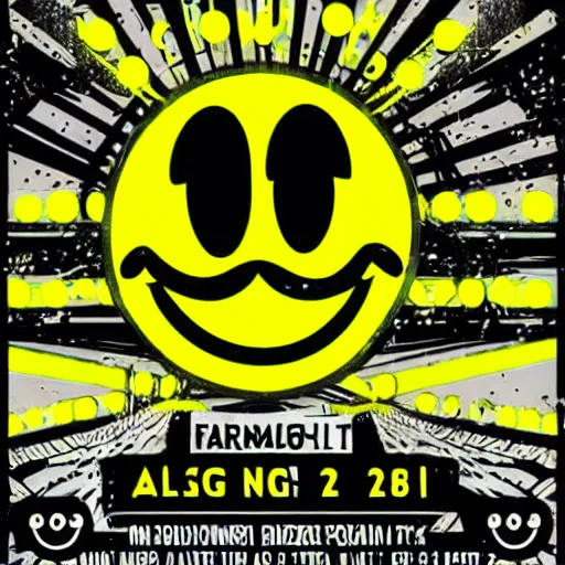 Image similar to acid house rave flyer, poster, smiley face, florescent yellow and black