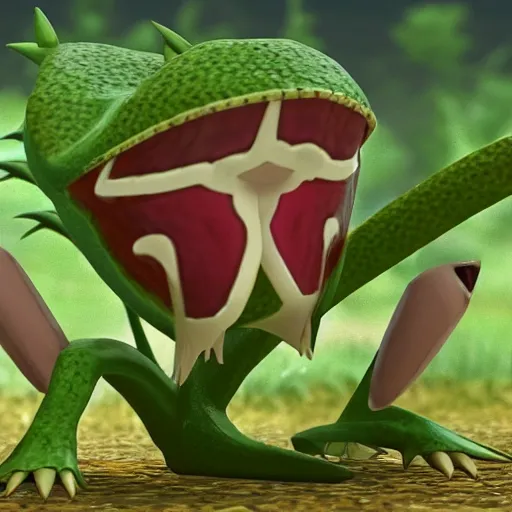 Image similar to a pokemon that looks like a dionaea muscipula, unreal engine.