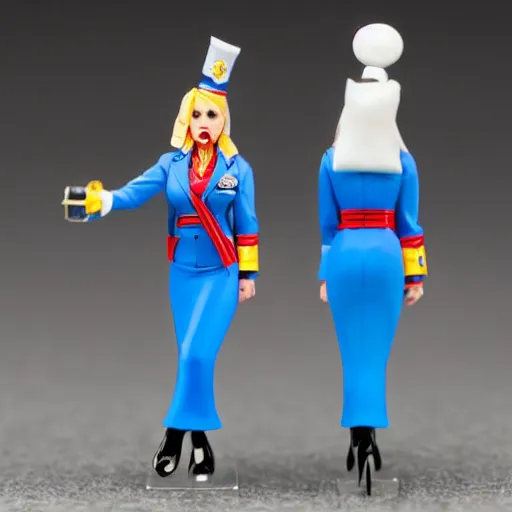 Image similar to Britney Spears blue airline hostess flight attendant uniform with stewardess cap, Toxic official music video. Games Workshop Warhammer 40k miniature. D&D TTRPG 28mm 25mm Heroic Scale mini.