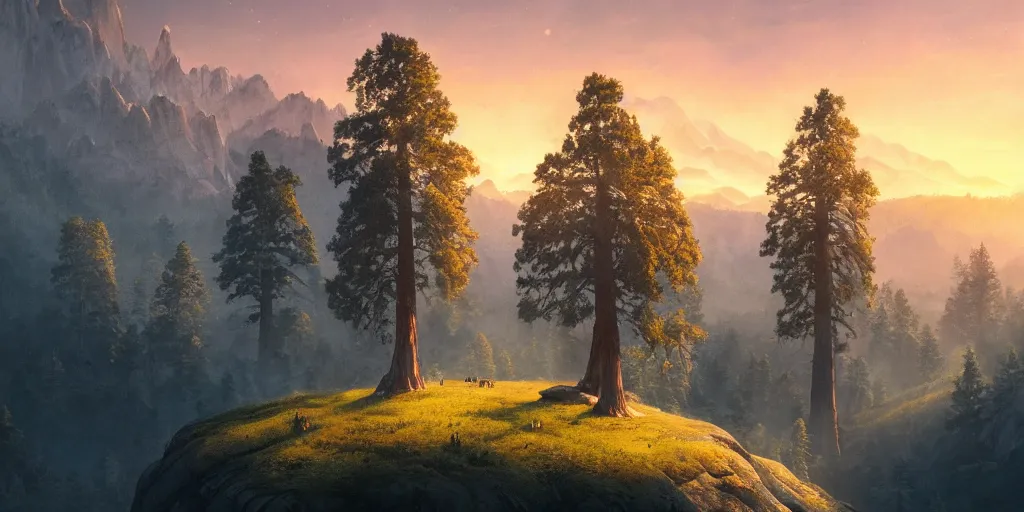 Image similar to a lonely giant sequoia in the center of a in immense valley at sunset with soft clouds and birds flying, intricate, highly detailed, soft illumination, digital painting, artstation, concept art, smooth, sharp focus, illustration, cinematic, vfx, 4 k