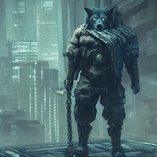 Image similar to a large muscular wolf wearing cyberpunk techwear in an office, artstation, high res, 4k