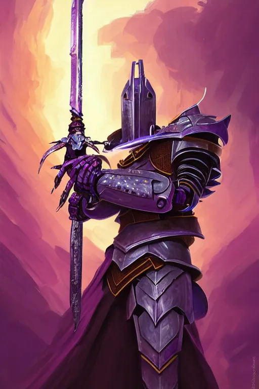 Prompt: fierce robot knight holdin magical sword, purple energy, highly detailed, d & d, fantasy, highly detailed, digital painting, trending on artstation, concept art, sharp focus, illustration, global illumination, ray tracing, realistic shaded, art by artgerm and greg rutkowski and fuji choko and viktoria gavrilenko and hoang lap