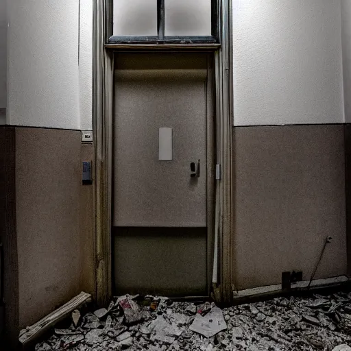 Prompt: a doorway leading to the inside of an abandoned rural office building with non-euclidean hallways