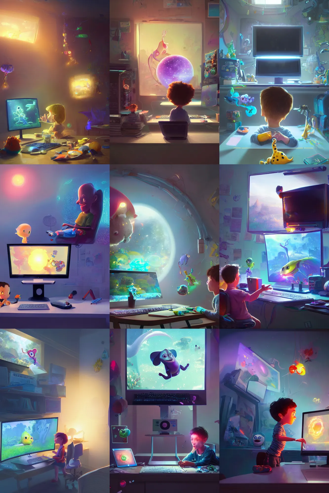 Prompt: a wholesome illustration of a kid and a computer monitor with imaginative and trippy elements popping out of the screen, imagination, creativity, magic, computer monitor, Pixar and Disney animation, sharp, Rendered in Redshift and Unreal Engine 5 by Greg Rutkowski, Bloom, dramatic lighting