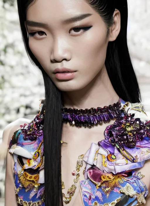 Image similar to A beautiful portrait of Ming Xi as a Versace fashion show Milan Spring/Summer 2012, highly detailed, in the style of cinematic, Getty images, fashion week backstage , Greg rutkowski