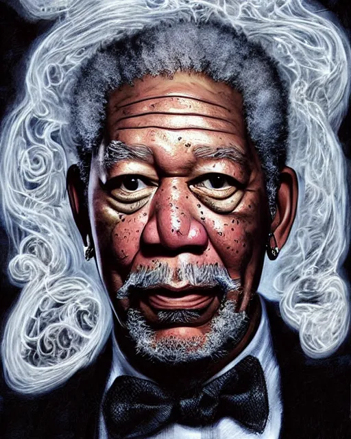 Image similar to a highly detailed portrait of Morgan Freeman as a devious male magician radiating a powerful energy aura, ornate back tuxedo, wispy tendrils of smoke, swirling vortex of energy, performance art, intricate, digital painting, old english, raining, sepia, particles floating, whimsical background by marc simonetti, art by artgerm and greg rutkowski and alphonse mucha