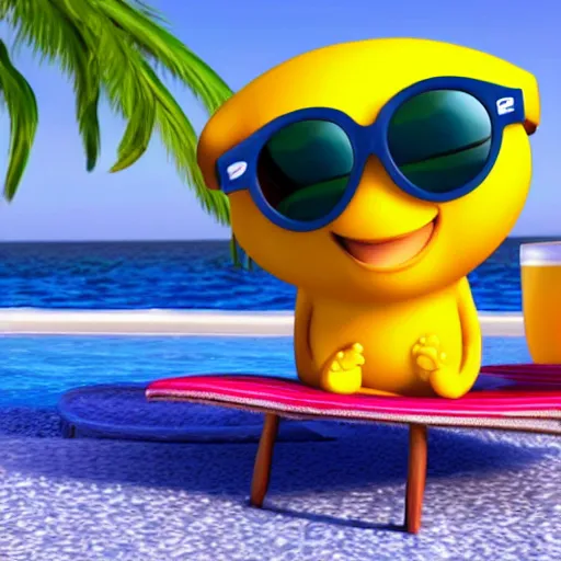 Prompt: 3D render, disney pixar movie still, lemon character relaxing on a beach wearing sunglasses