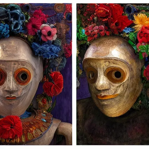 Image similar to a painting of a humanoid robot wearing a mask made of flowers, by annie swynnerton and diego rivera and tino rodriguez, symbolist, dramatic lighting, elaborate geometric ornament, art brut, soft cool colors, smooth, sharp focus, extremely detailed, adolf wolfli