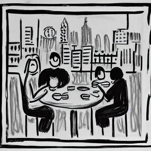 Image similar to The drawing shows four people sitting in a diner late at night. The people in the drawing look tired and lonely. The drawing is set in New York City and shows the city's skyline in the background. figurativism by Etel Adnan, by Vytautas Kairiukstis unplanned, riotous