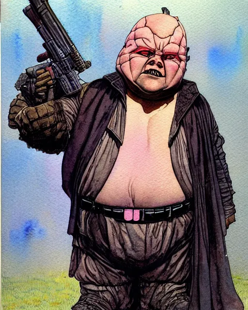 Image similar to a realistic and atmospheric watercolour fantasy character concept art portrait of a fat, chibi darth vader with pink eyes wearing a wife beater and holding a gun. by rebecca guay, michael kaluta, charles vess and jean moebius giraud