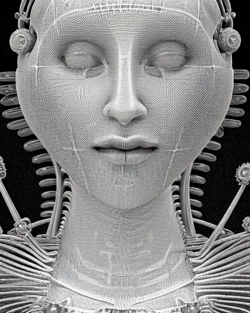 Prompt: mythical dreamy black and white organic translucent bio-mechanical spinal ribbed profile face portrait detail of mechanical beautiful female angelic-human-queen-cyborg, highly detailed, intricate crystal jelly steampunk ornate, poetic, 3D render, digital art, octane render, 8K artistic photography, photo-realistic, by Dora Maar