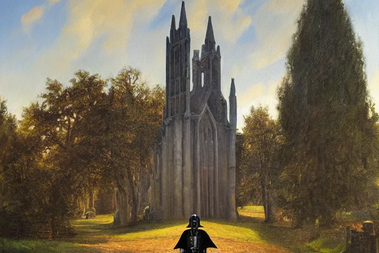 Prompt: a detailed oil painting of darth vader leaving a quaint medieval flint church, english, churchyard, trees, golden hour, lead - covered spire, realistic