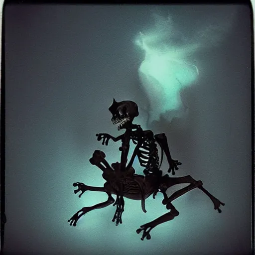 Image similar to frog horseman riding a glowing baroque unicorn skeleton in a thick fog, polaroid photography in style of andrey tarkovski, eerie, mystical, sublime