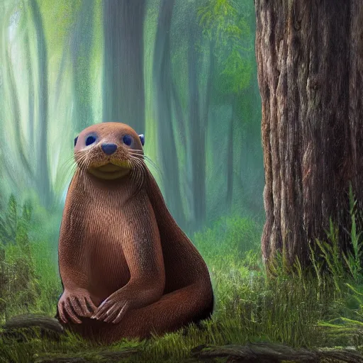 Image similar to a giant otter in the forest,digital art,ultra realistic,ultra detailed,art by greg rutowski,trensimg on artstation