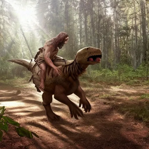 Prompt: jesus riding a trex through the forest, realisitc photo