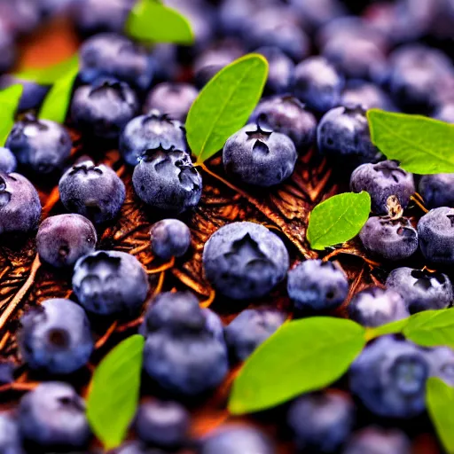 Prompt: artistic closeup render of blueberry bushes in a forest. Digital art. 4K. Trending on artstation. Highly detailed. Artistic. Rustic