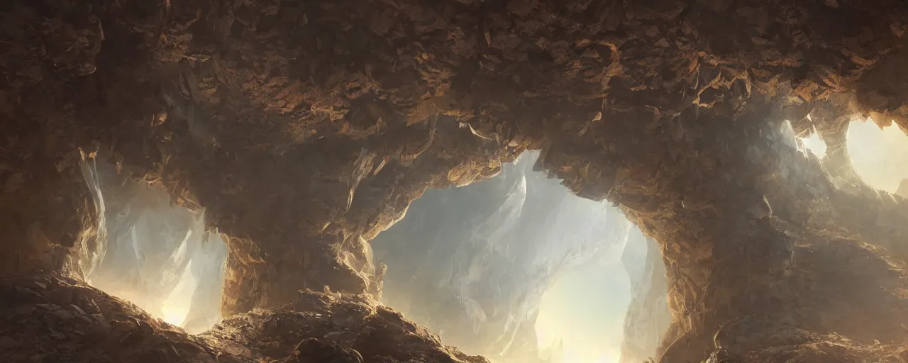 Prompt: an astronaut looks down into an open cavern, preparing to descend, stunning intricate concept art by senior environment artist, cgsociety, fantasy art, matte painting, storybook illustration