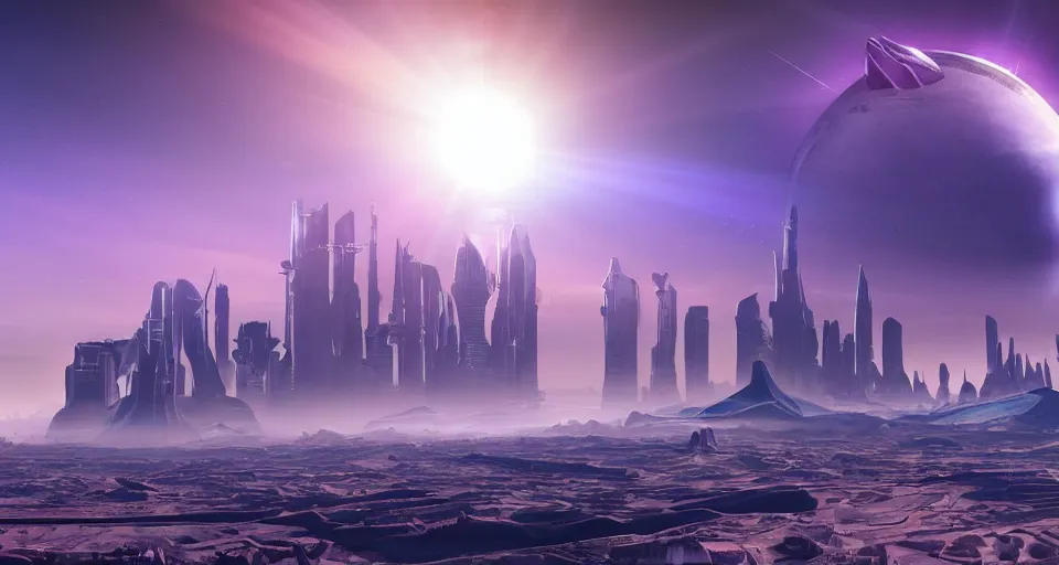 Prompt: Sci-fi landscape of a desert with two suns suns in the sky and futuristic city in the background, purple color-theme, cinematic, science-fiction art wallpaper, stunning digital art