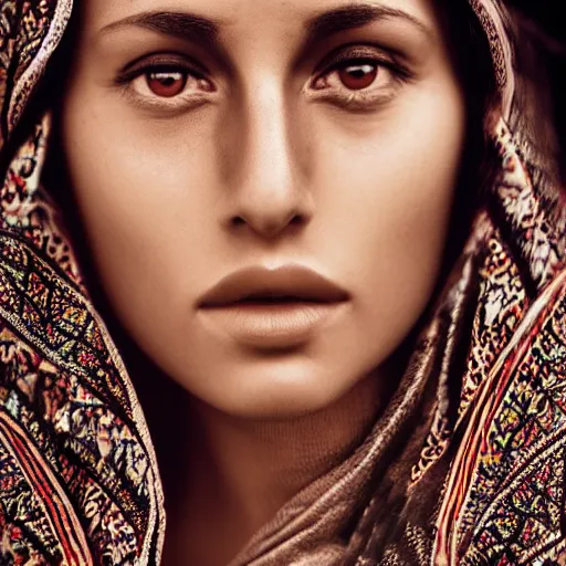 Image similar to vintage portrait of a stunningly beautiful arabic tribal female, depth of field, zeiss lens, detailed, symmetrical, centered, fashion photoshoot, by edward s curtis, Annie Leibovitz and Steve McCurry, David Lazar, Jimmy Nelsson, Breathtaking, 8k resolution, extremely detailed, beautiful, establishing shot, artistic, hyperrealistic, beautiful face, octane render