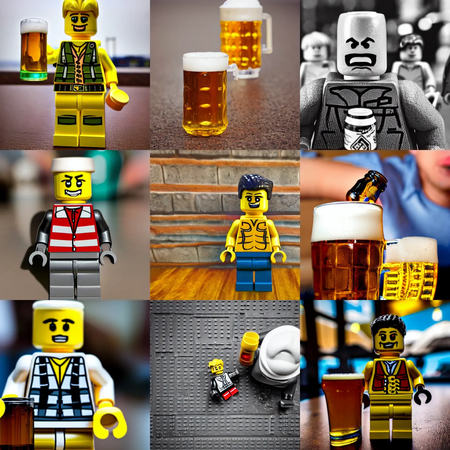 Prompt: photorealistic shot lego - man with a beer, happy face, medium shot, overhead view high detailed, beautiful perfectly detailed, high quality realistic, cinematic beer, lego