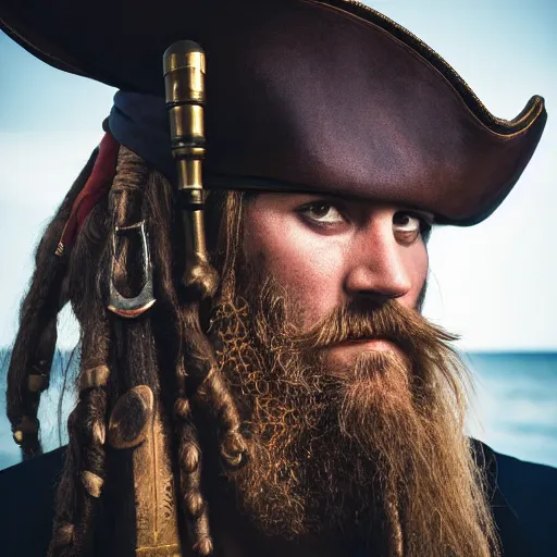 Prompt: photo of a pirate captain with long beard and bright golden eyes, glaming hair, cinematic lighting, 70mm, sigma lens