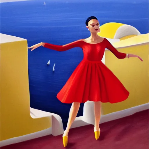 Image similar to beautiful modern dancer wearing a red, yellow, blue swirling dress, standing on a Santorini terrace looking down into the ocean, trending on artstation, cinematic, photorealistic