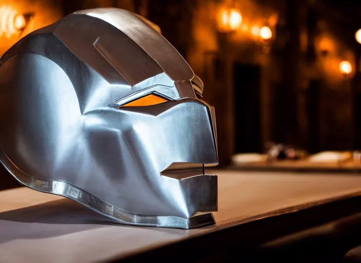 Prompt: a reflective steel engineering ironman mask at a high end bar in a medieval themed castle in golden afternoon light, professional food photography