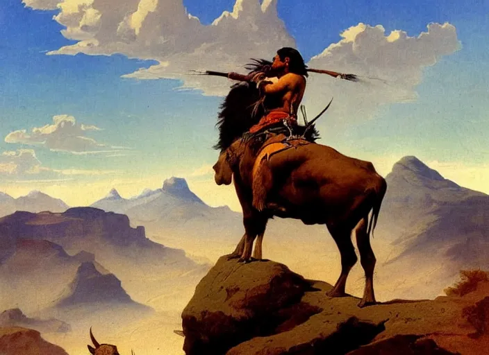 Image similar to native american riding bison, buffalo, native american warrior, mountain range, beautiful sky, standing on the edge of a cliff, 1 9 th century, painted by frazetta