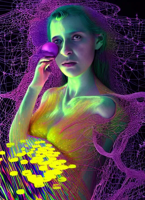 Prompt: hyper detailed 3d render like a Oil painting - Aurora (cyberpunk oil rainbow faced Singer) seen Eating of the Strangling network of yellowcake aerochrome and milky Fruit and Her delicate Hands hold of gossamer polyp blossoms bring iridescent fungal flowers whose spores black out the foolish stars by Jacek Yerka, Mariusz Lewandowski, Houdini algorithmic generative render, Abstract brush strokes, Masterpiece, Edward Hopper and James Gilleard, Zdzislaw Beksinski, Mark Ryden, Wolfgang Lettl, hints of Yayoi Kasuma, octane render, 8k