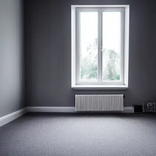 Image similar to empty bedroom, grey carpet on the floor, blank white walls, soft ceiling light, single window on the right side, XF IQ4, 150MP, 50mm, F1.4, ISO 200, 1/160s, natural light