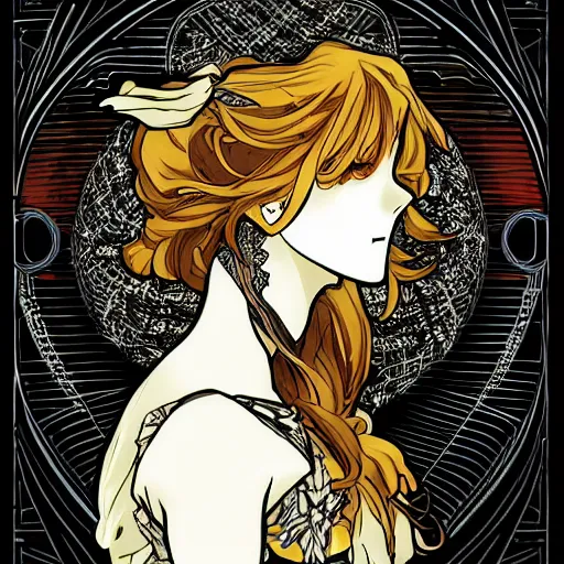 Image similar to anime manga skull portrait woman comic skeleton illustration style by Alphonse Mucha pop art nouveau