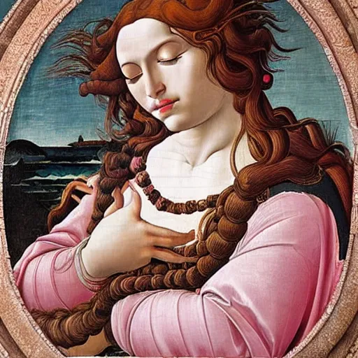 Image similar to an ultradetailed mythological oil painting of a beautiful goddess with long brown hair, full body, wearing pink floral chiton, sleeping on a giant scallop shell, near the seashore, intricate lines, elegant, renaissance style, by sandro botticelli