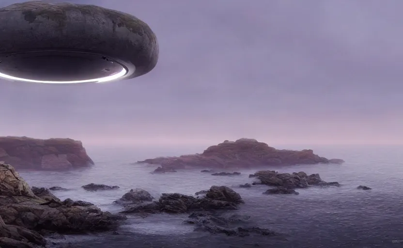 Prompt: giant glowing ufo, directed by charlie kaufman ( 2 0 0 1 ) anamorphic lenses, a rocky shore in the foreground, foggy volumetric light morning, a beam of light from the heavens, cinematic trending on artstation in the style of greg rutkowski