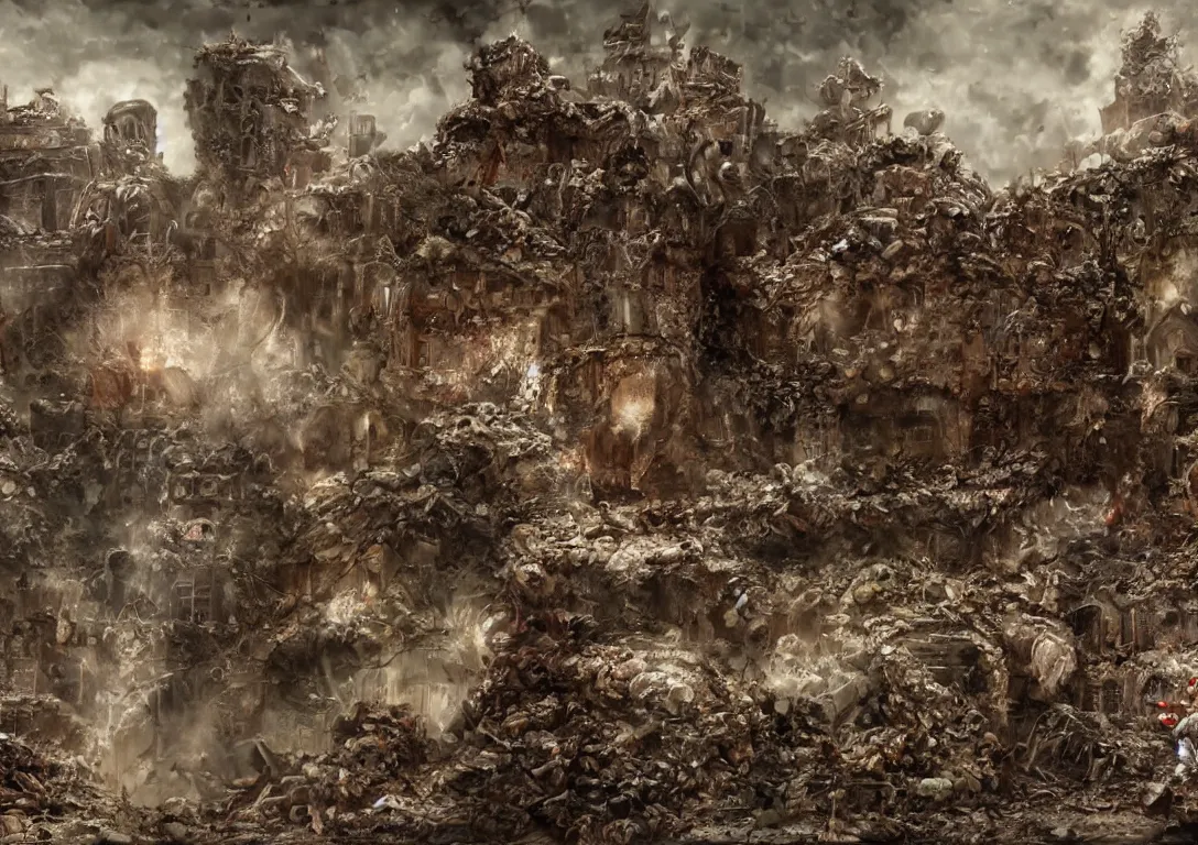 Image similar to super mario hiding behind a brick wall from Giga Bowser in the distance in a destroyed kingdom, Resident Evil virus concept art, highly detailed, horror, scary, terrifying, horrific, hd 4k