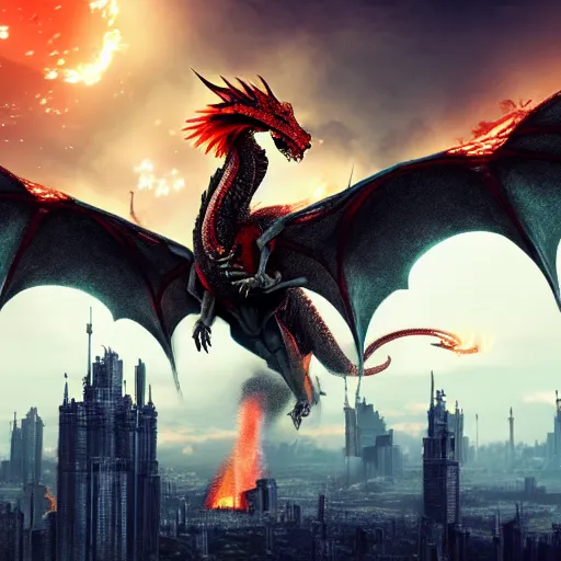 Prompt: large dragon flying over a city breathing fire, etheral, matte painting