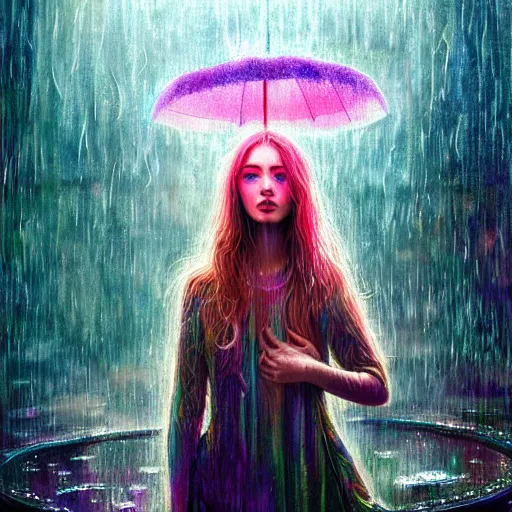 Image similar to girl in psychedelic LSD rain with wet hair and face, fantasy, intricate, elegant, dramatic lighting, emotionally evoking symbolic metaphor, highly detailed, lifelike, photorealistic, digital painting, artstation, concept art, smooth, sharp focus, illustration, art by John Collier and Albert Aublet and Krenz Cushart and Artem Demura and Alphonse Mucha