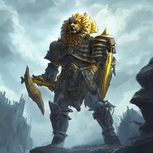 Image similar to yellow heavy armored knight with the head of a lion, lion head, epic fantasy style, in the style of Greg Rutkowski, hearthstone artwork