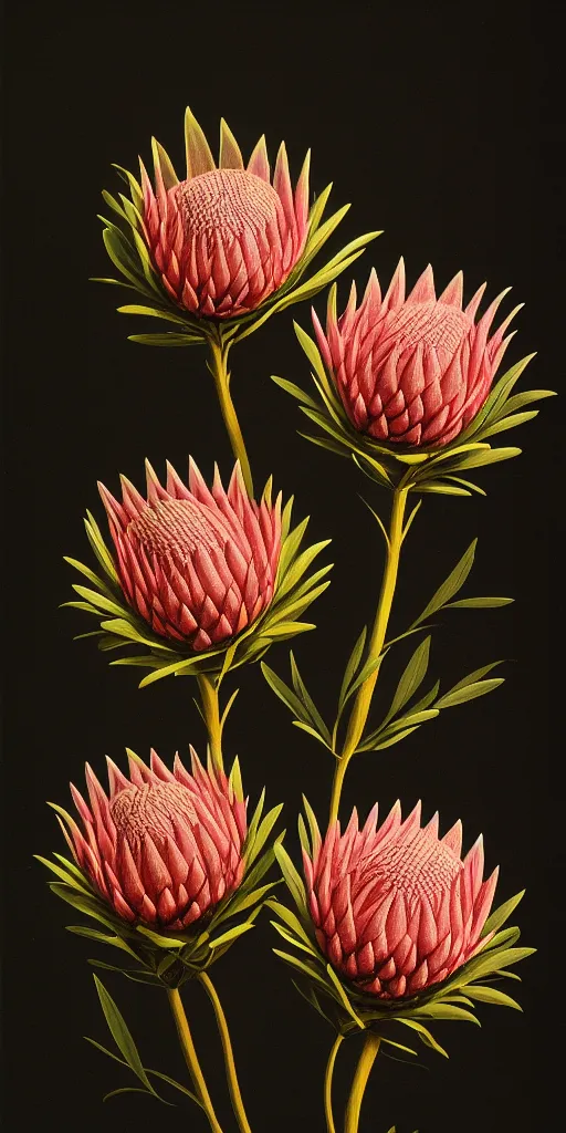Image similar to detailed king proteas and pincushions against a black backdrop by martin johnson heade, artstation