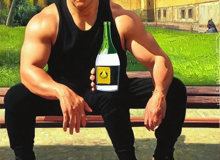 Image similar to vin diesel in black adidas sport costume, as gopnik character, sitting on a bench with a bottle of beer in the courtyard of a provincial russian town, oil on canvas, naturalism