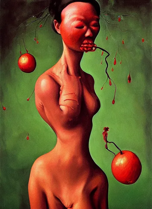 Prompt: Oil painting - She Eats of the Strangling Fruit and Her gossamer polyp blossoms bring iridescent fungal flowers whose spores black the foolish stars by Lucian Freud and Jenny Saville, Abstract brush strokes, Masterpiece, Edward Hopper and James Gilleard, Zdzislaw Beksinski, Mark Ryden, Wolfgang Lettl highly detailed, hints of Yayoi Kasuma