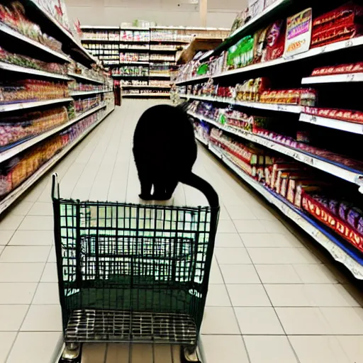 Prompt: photo of a cat pushing a shopping cart in a grocery store