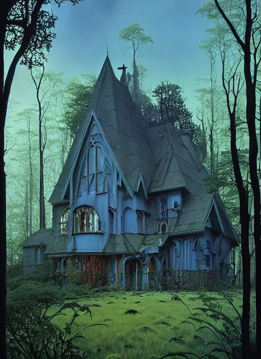 Image similar to hyper realistic witchy modern gothic house with mood lighting and tech in the woods gorgeous lighting, sunbeams blue sky, highly detailed, lush forest foliage painting by zdzisław beksinski and norman rockwell and greg rutkowski weta studio, and lucasfilm