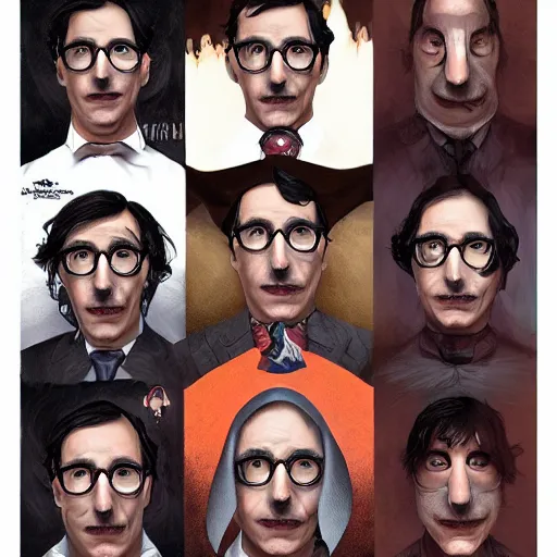 Image similar to photo booth, john oliver in mouse costume, adam driver in a suit, stylized, centered, dark, smokey, fantasy, intricate, detailed, digital painting, deviant art, art by artgerm, art by greg rutkowski, art by alphonse mucha