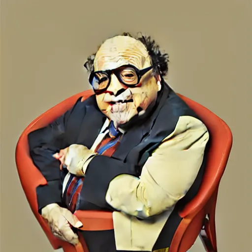 Prompt: danny devito sitting in a modern 6 0 s style designed chair, eggshell color, renaissance still life painting, masterpiece, realistic light and shadow, trending on artstation, highly detailed, photorealism