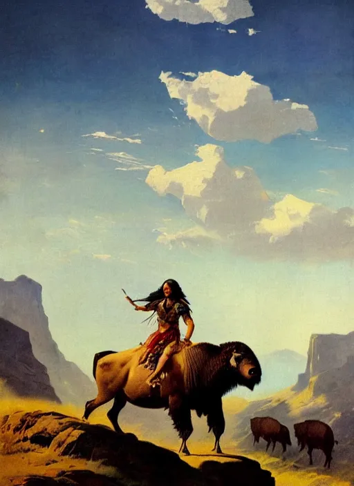 Prompt: beautiful native american riding bison, buffalo, powerful native american warrior, mountain range, beautiful sky, standing on the edge of a cliff, nineteenth century, painted by frazetta