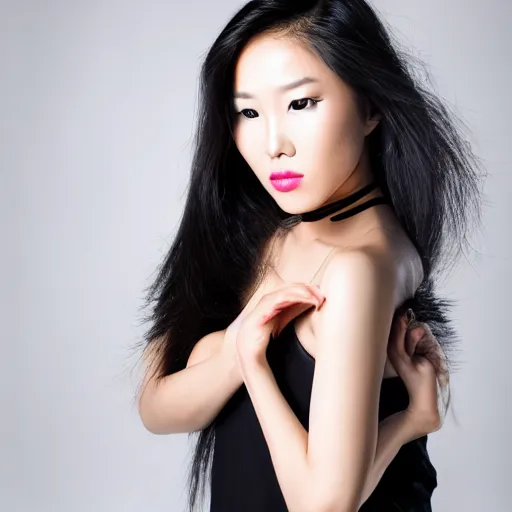 Prompt: asian female fashion model with huge cheekbones. studio portrait