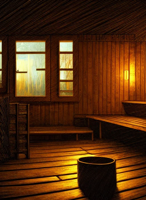 Image similar to finnish sauna, backround dark, highly detailed, digital illustration, trending in artstation, modern painting, smooth, sharp focus, intricate, einar jonsson, ilya repin