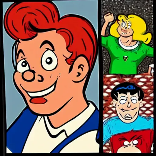 Prompt: dan decarlo art style, comic character, kind, friendly, orange hair, oval eyes, round face, freckles, thick eyebrows, archie andrews, smiling