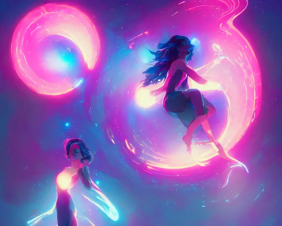 Prompt: beautiful whimsical women standing under a multi-colored binary blackhole with an accretion disc, casting magic, glowing trails following her arms, wearing professional makeup, by Lois van Baarle, by Greg Rutkowski, by artgerm, by beeple, by studio ghibli, cinematic angle, volumetric lighting, 4k resolution, octane render, trending on artstation, masterpiece