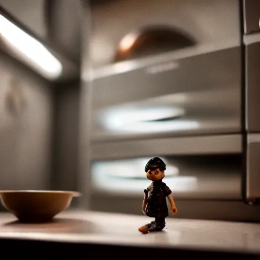 Prompt: lights off, extreme dof, miniature, dark tones, kitchen